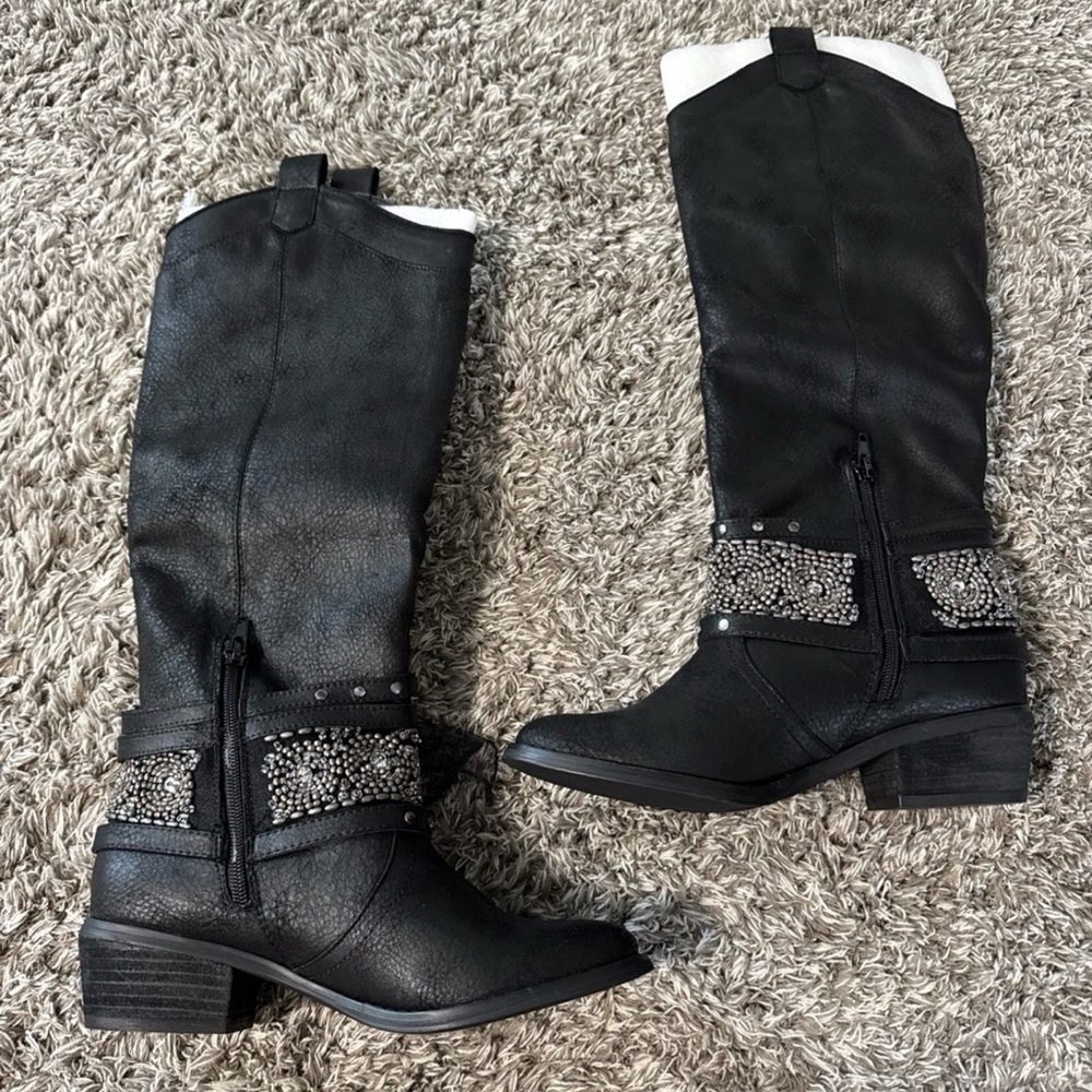 Not Rated Womens 6.5 Black Riding Boots Heeled W Tulle Bow NEW! - Picture 3 of 8
